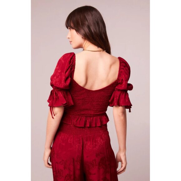 Band of the Free NWT Lea Rhubarb Smocked Crop Top Sz Lar Red Rhubarb Puff Sleeve - Picture 3 of 14